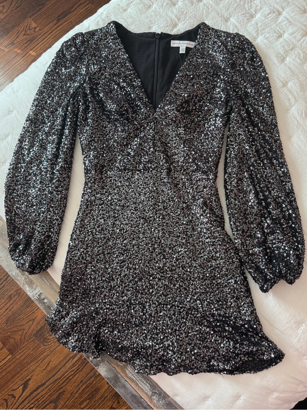 Sequin Long Sleeve V-Neck Mini Dress - Black